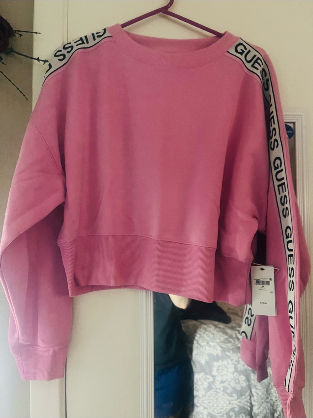 Guess Pink Logo Tape Cropped Sweatshirt